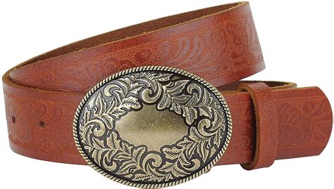 Women's Western Tooled Leather Belt with Round Floral Design Buckle ...