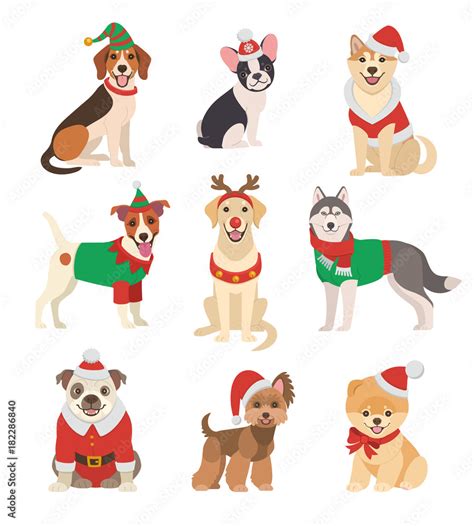 Christmas Dogs collection. Vector illustration of funny cartoon ...