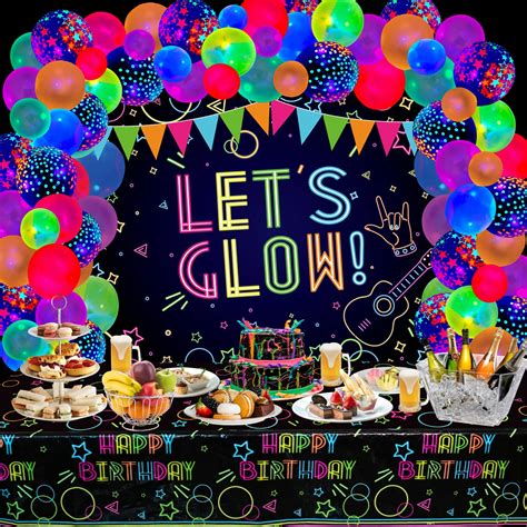 Buy 73 Pieces Glow Neon Birthday Party Supplies - Let's Glow Backdrop ...