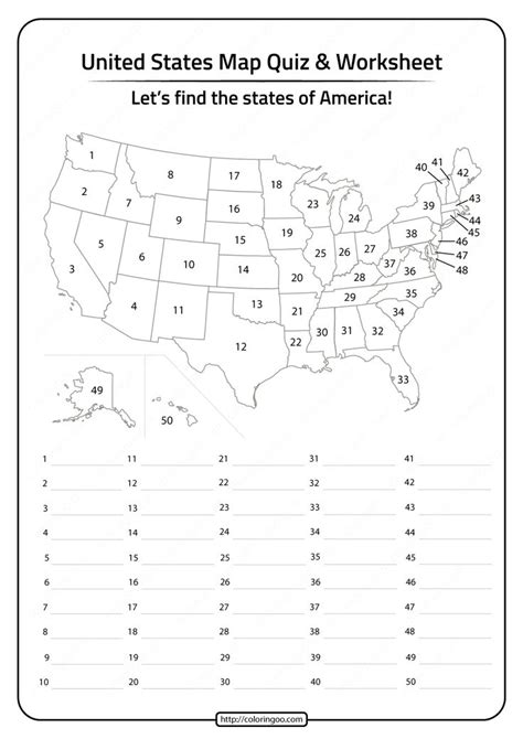 Free Printable United States Map Quiz and Worksheet | Map quiz, Map ...