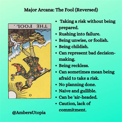 The meanings of the major arcana tarot card, The Fool, in its reversed ...