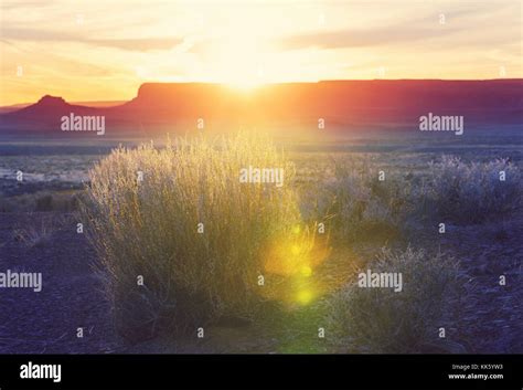 Valley of the Gods rock formation with Monument Valley at sunrise Stock ...