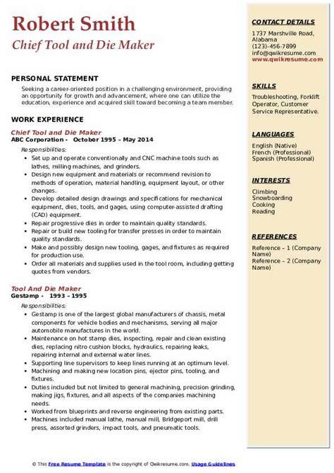 Tool And Die Maker Resume Samples | QwikResume