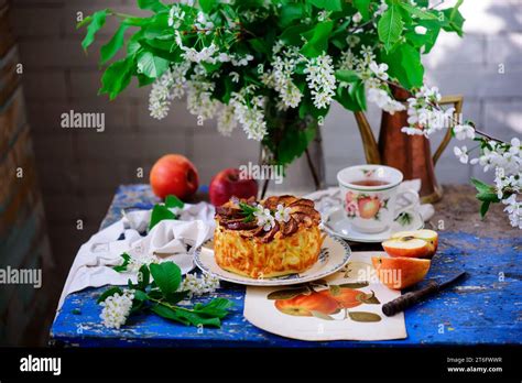 Cottage cheese and Kugel with apples.style rustic.selective focus Stock ...