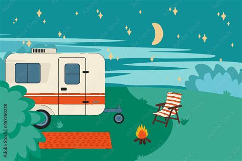 Cartoon illustration of a Camper RV in the forest. Trailer for a ...