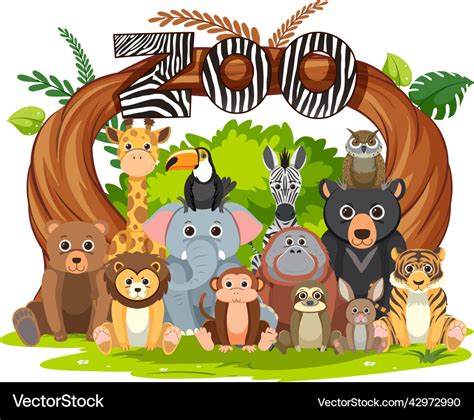 Zoo animals group in flat cartoon style Royalty Free Vector