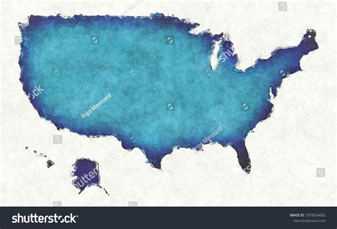 Usa Map Drawn Lines Blue Watercolor Stock Illustration 1979554082 ...