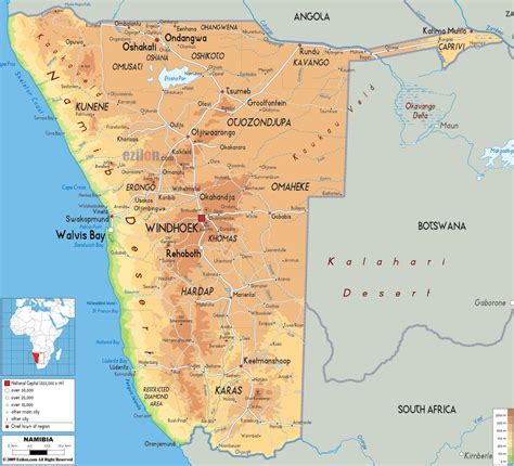 Physical Map of Namibia - Ezilon Maps