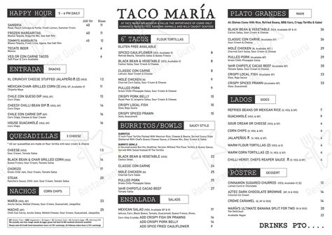 Menu at Taco Maria restaurant, Kalamunda