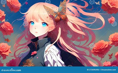 Cute Anime Girl with Blue Eyes Blond Pink Long Hair Roses Flowers ...