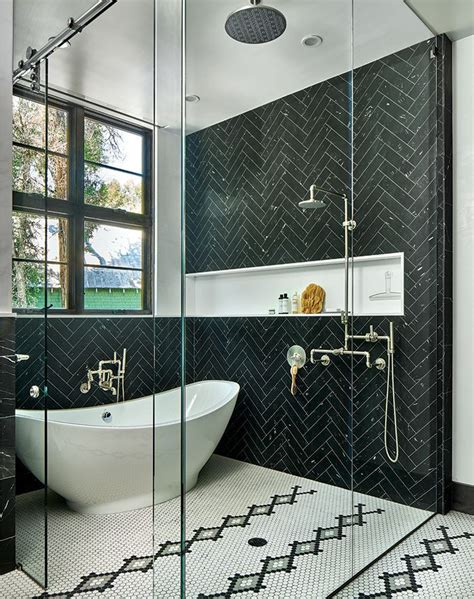 11 Bathrooms with Black Herringbone Tiles | Bathroom model, Bathroom ...