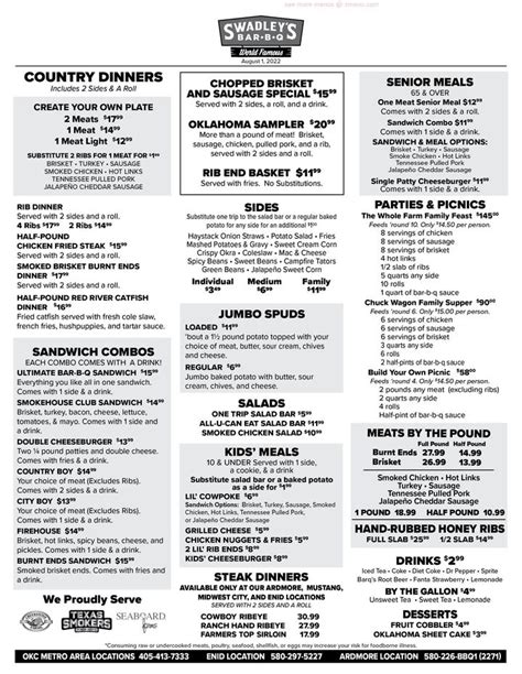 Menu at Swadley’s Bar-B-Q, Midwest City