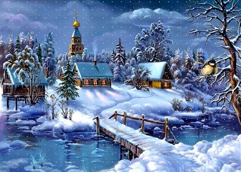 Winter Snow Covered Christmas Village Backdrop Stage Decoration Prop