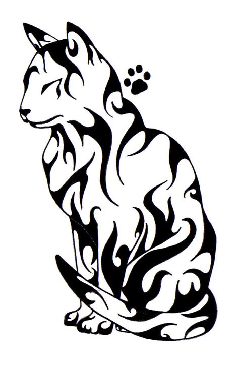 Pleased tribal cat with a paw print tattoo design - Tattooimages.biz