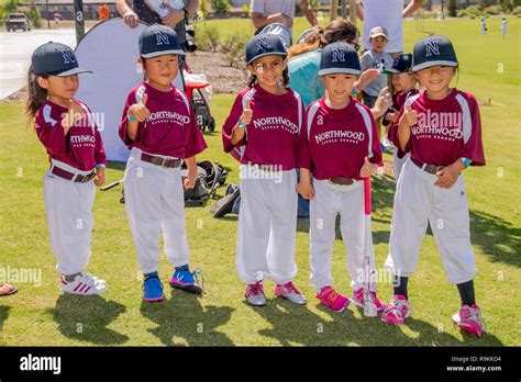 Asian American and Hispanic 4-year-old girls in little league uniforms ...