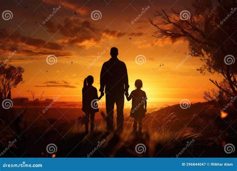 Silhouette of Father and Children at Sunset. Concept of Happy Family ...