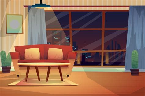 Free Vector | Night scene of sofa with cushions and coffee table on ...