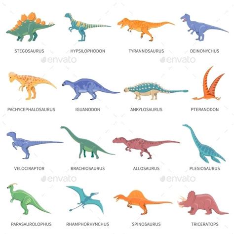 Colored isolated icons set of different types of dinosaurs in cartoon ...