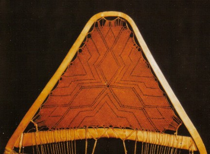 An exceptionally finely woven snowshoe, circa pre-1926 , McCord Museum collection, Montreal . The pattern is unusually complex, but might be typical of snowshoes made in earlier times . The mesh is so closely woven that a wooden matchstick would not easily pass through ; from ''Making the Attikamek Snowshoe'', photo Henri Vaillancourt