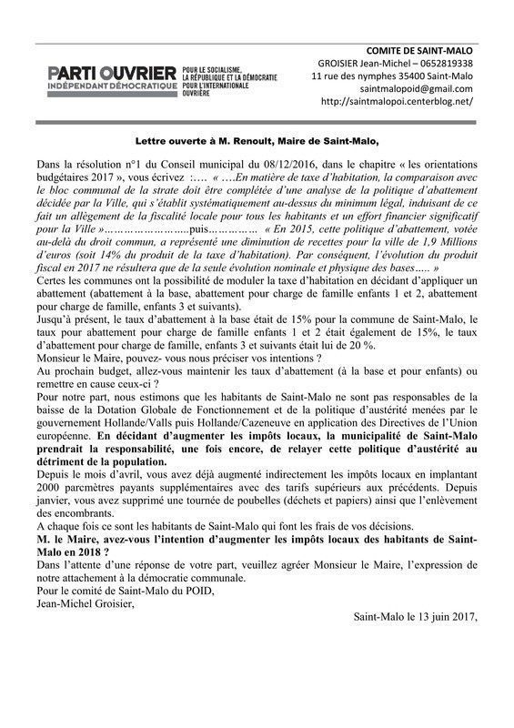 Lettre ouverte à M. Renoult, Maire de St-Malo