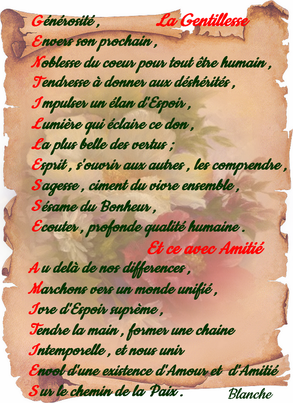 POEME /   GENTILLESSE  AMITIE  ( ACROSTICHE )