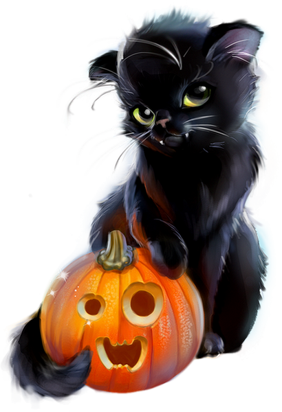 Halloween, chat noir png, citrouille - Cat & pumpkin png