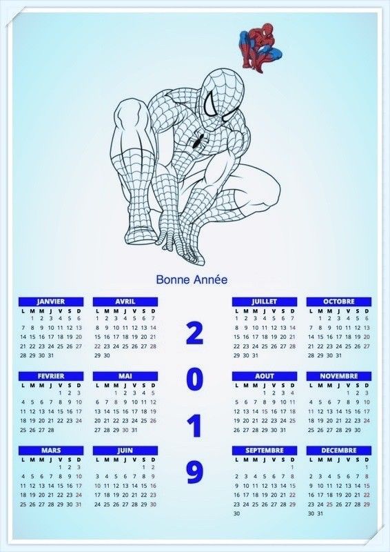 Calendrier 2019 à imprimer et colorier Spiderman