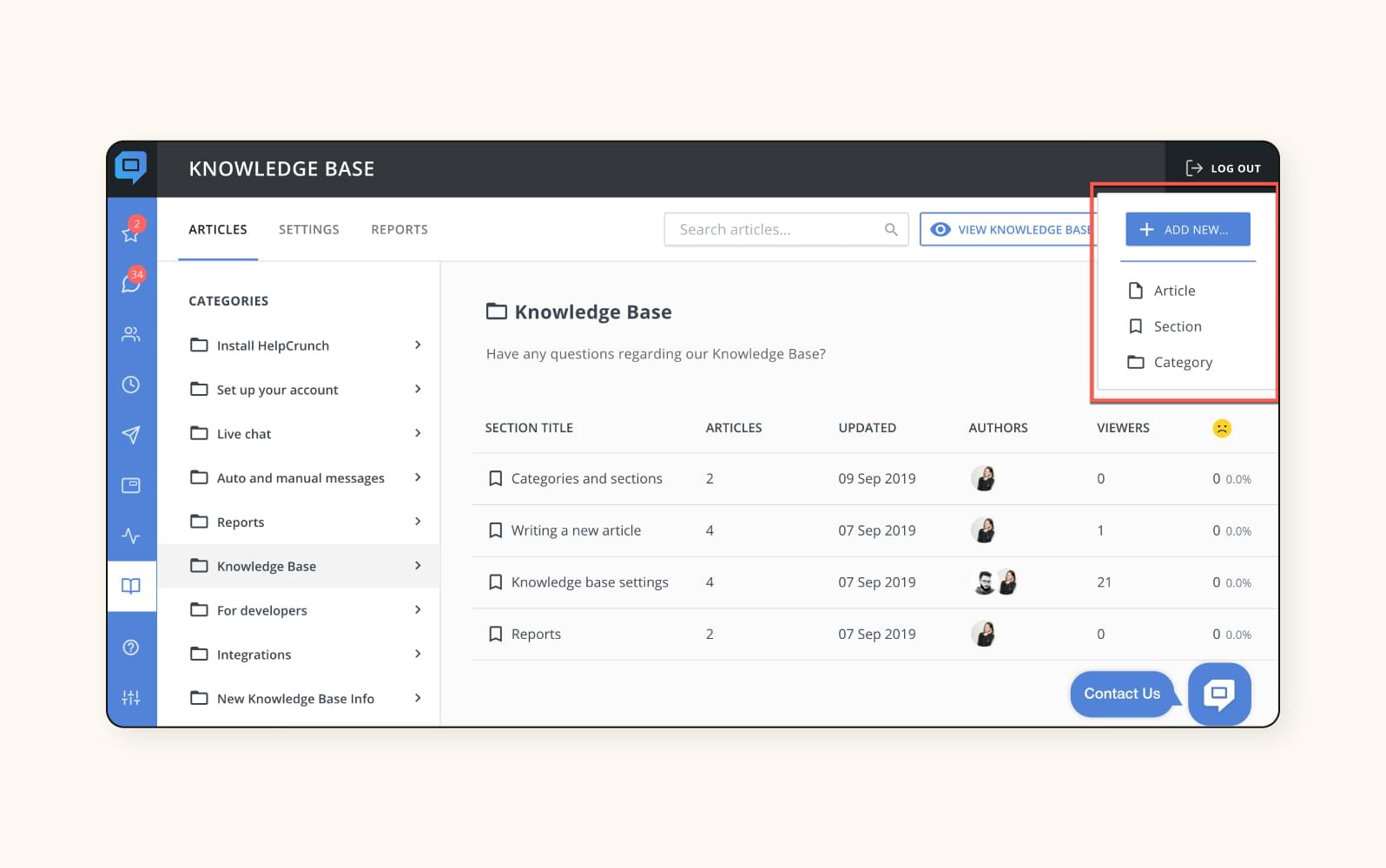 A screenshot displays HelpCrunch’s knowledge base software.