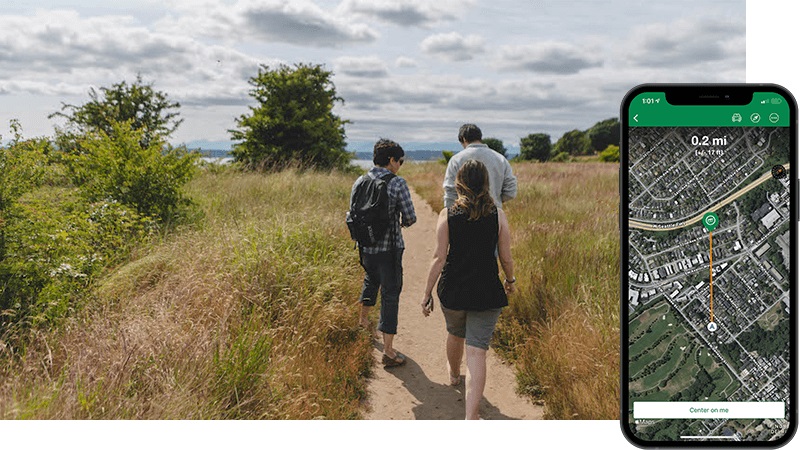 Three adults walk along a hiking trail toward a tree.