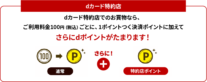 dカード特約店 dカード特約店でのお買物なら、ご利用料金100円（税込）ごとに、1ポイントつく決済ポイントに加えて さらにdポイントがたまります！