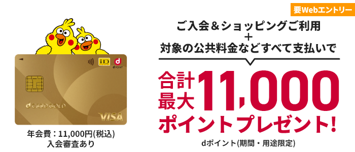 年会費：11,000円(税込) 入会審査あり 要Webエントリー ご入会＆ショッピングご利用＋対象の公共料金などすべて支払いで合計最大11,000ポイントプレゼント！ dポイント（期間・用途限定）