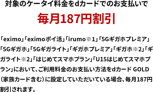 対象のケータイ料金をdカードでのお支払いで毎月187円割引 「eximo」「eximoポイ活」「irumo※1」「5Gギガホプレミア」「5Gギガホ」「5Gギガライト」「ギガホプレミア」「ギガホ※2」「ギガライト※2」「はじめてスマホプラン」「U15はじめてスマホプラン」において、ご利用料金のお支払い方法をdカード GOLD（家族カード含む）に設定していただいている場合、毎月187円割引されます。