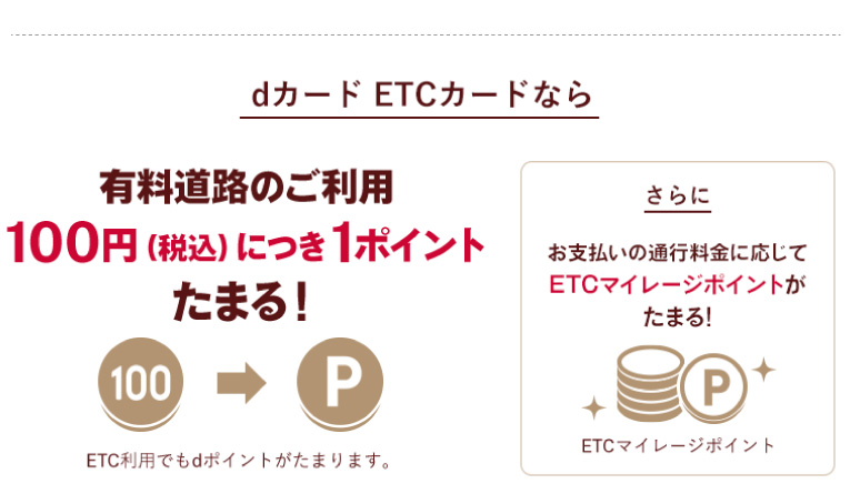 dカード ETCカードなら 有料道路のご利用 100円（税抜）につき1ポイントたまる！ETC利用でもdポイントがたまります。さらに お支払いの通行料金に応じてETCマイレージポイントがたまる！ ETCマイレージポイント