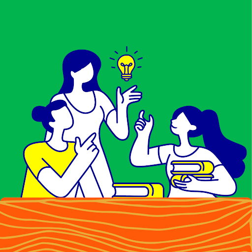 Icon graphic of 3 people learning with a lightbulb going off