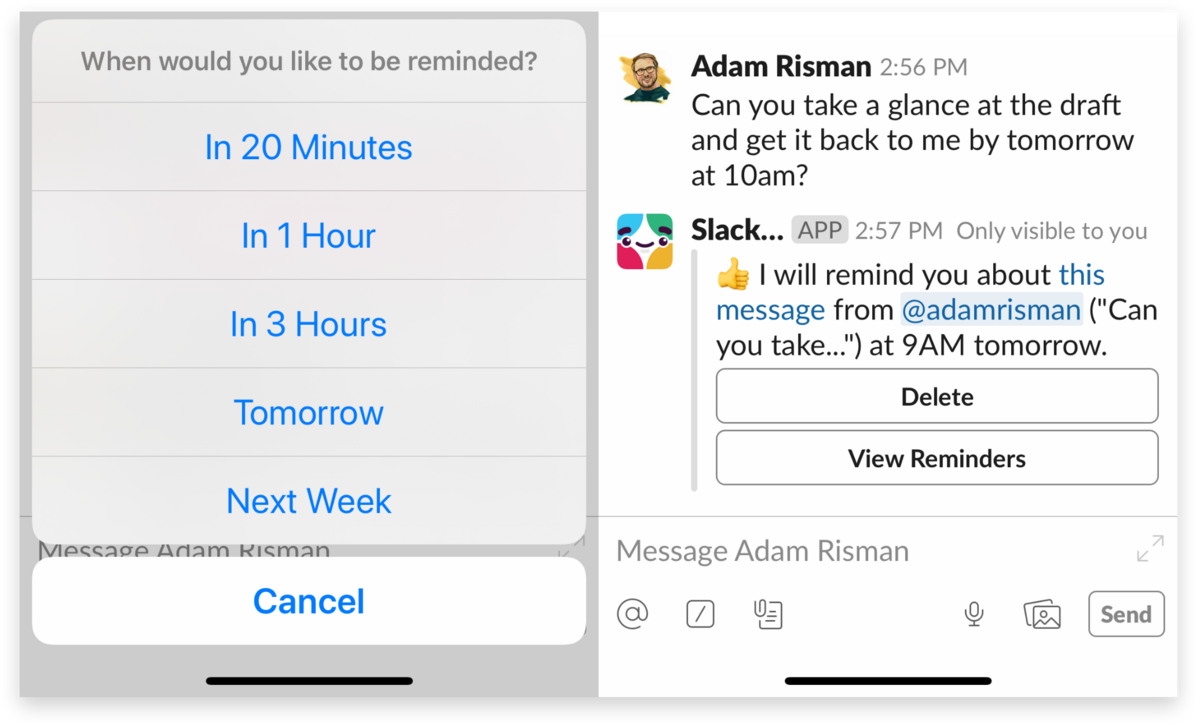 Setting a reminder on the Slack mobile app