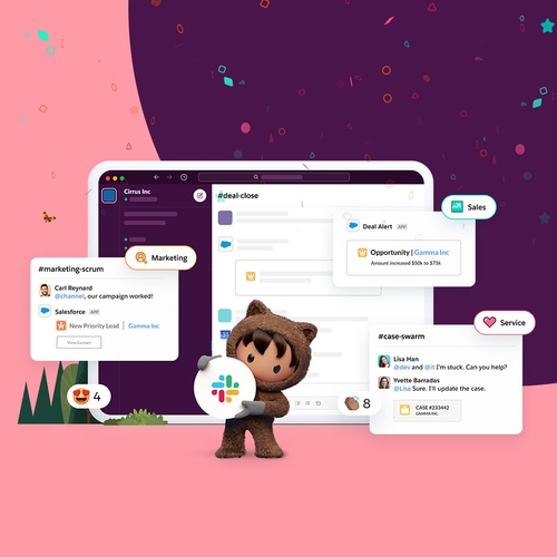 Illustration showing Salesforce's Astro holding the Slack logo to mark the completion of Salesforce's acquisition of Slack.