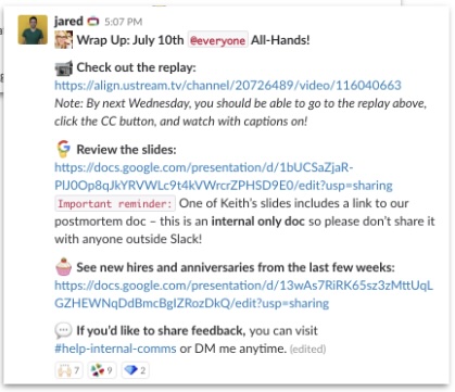 An example post in Slack of an announcements post to a customer success team