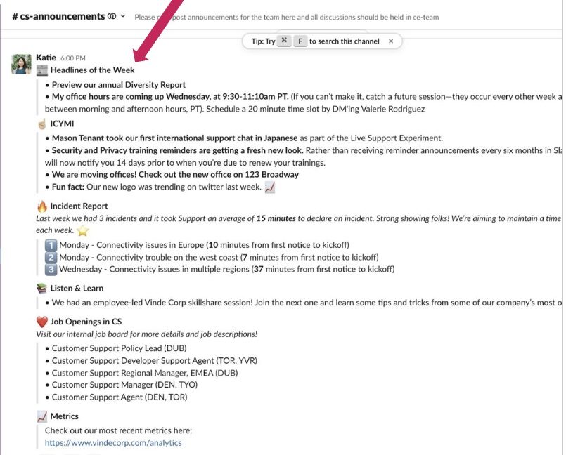 An example Slack post in a public Customer Success channel about weekly announcements