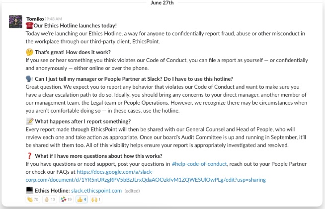An example Slack message in an internal announcements channel about a new ethics hotline