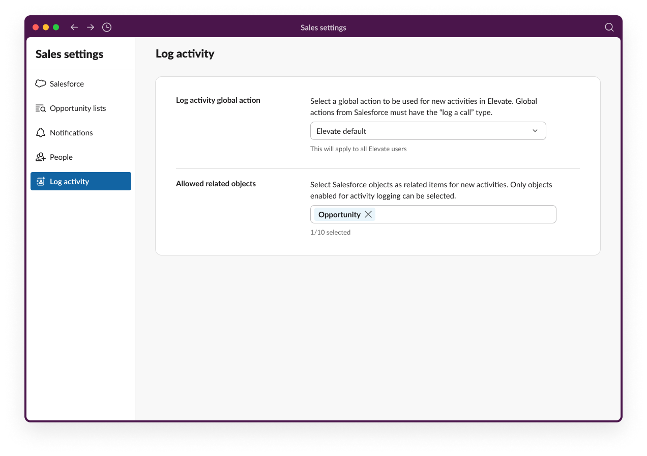 Sales Elevate log activity admin settings view