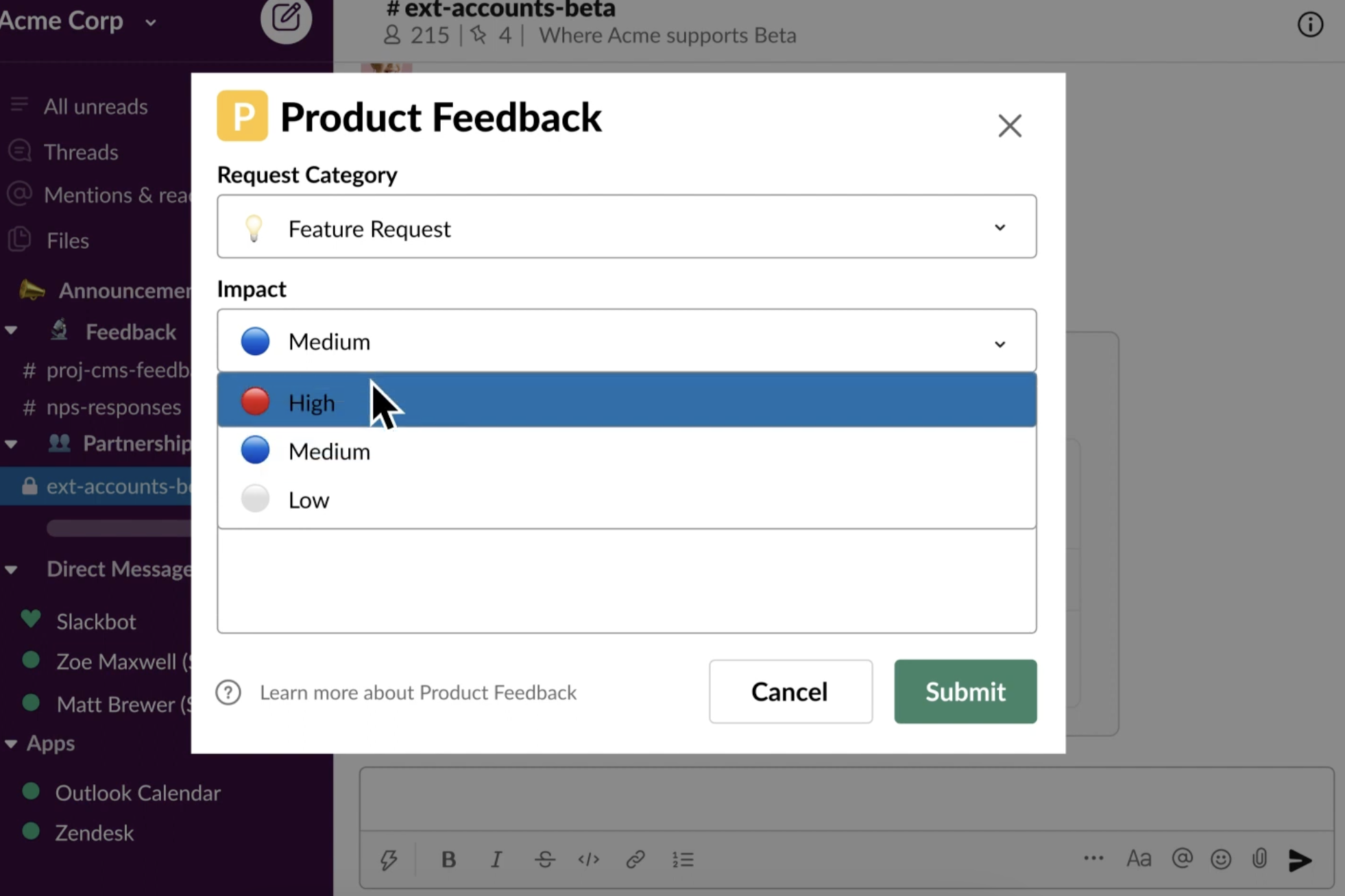 Exemplo de fluxo de trabalho de feedback de produto no Slack