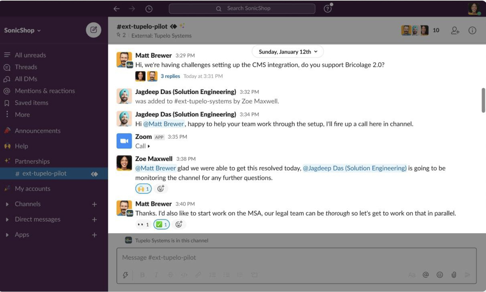 User interface image depicting organisations on a paid Slack subscription sharing a channel with external partners with Slack Connect.