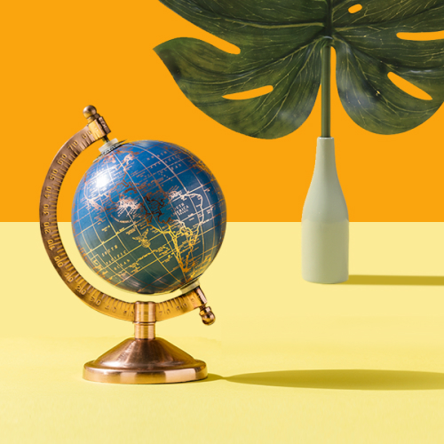 Un globe ancien posé sur une surface jaune et un vase avec une grande feuille tropicale.