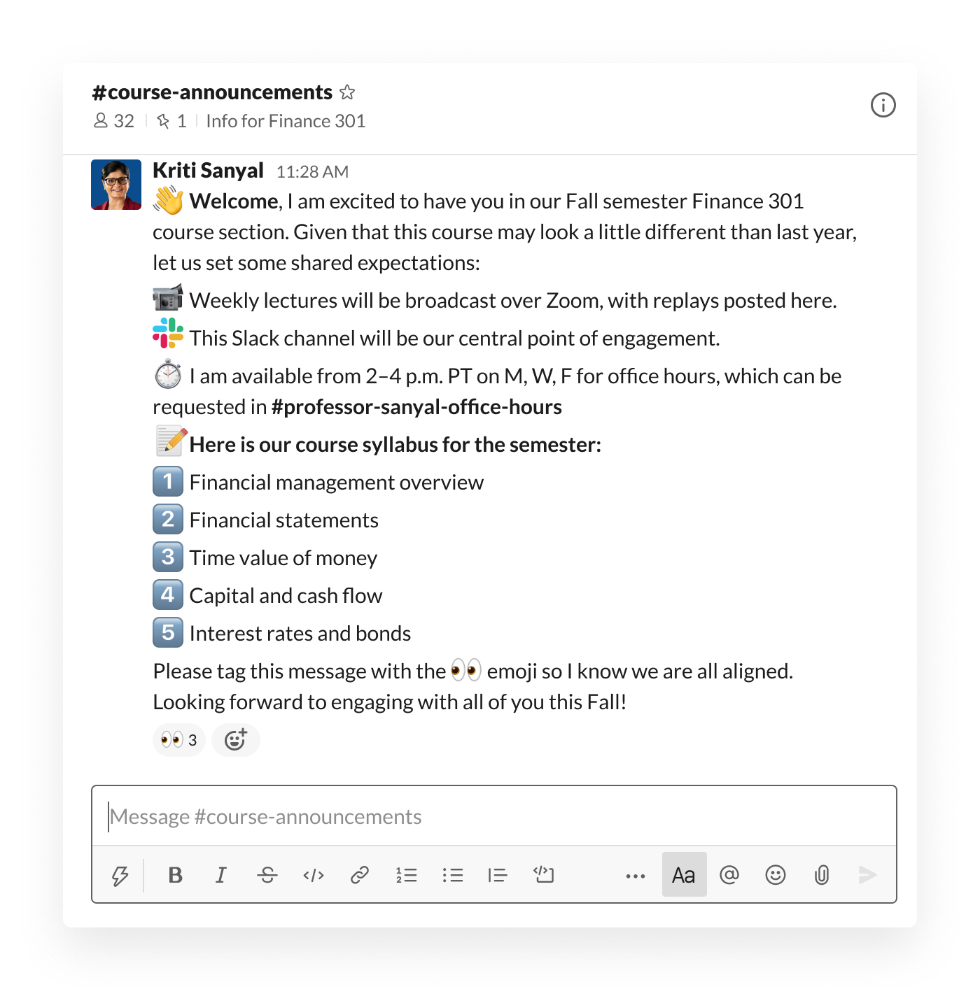 Teacher announcements in Slack channel