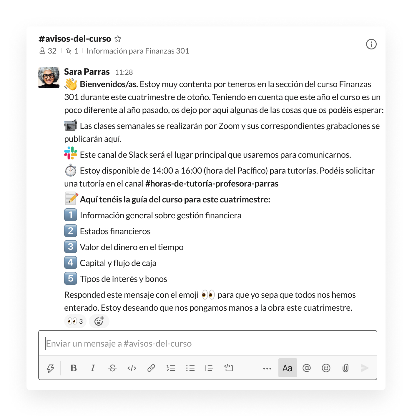 Avisos del profesor en el canal de Slack