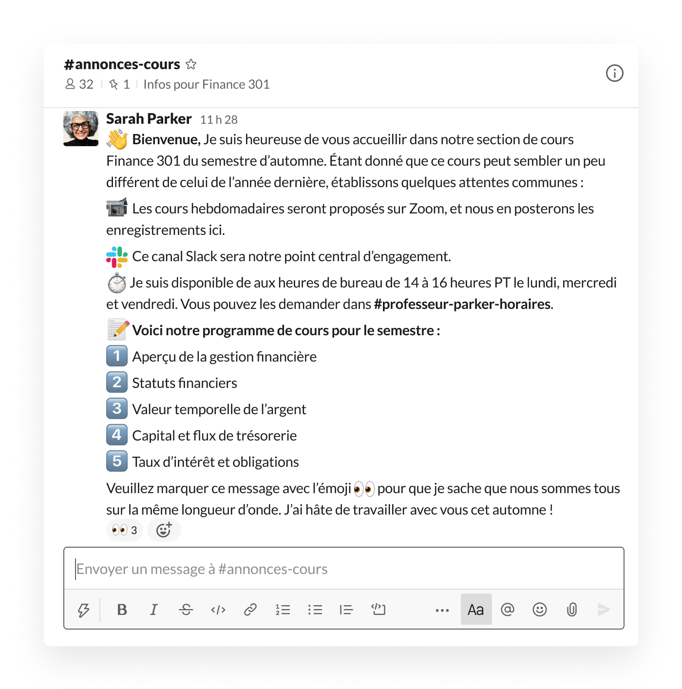 Annonces de professeurs dans un canal Slack