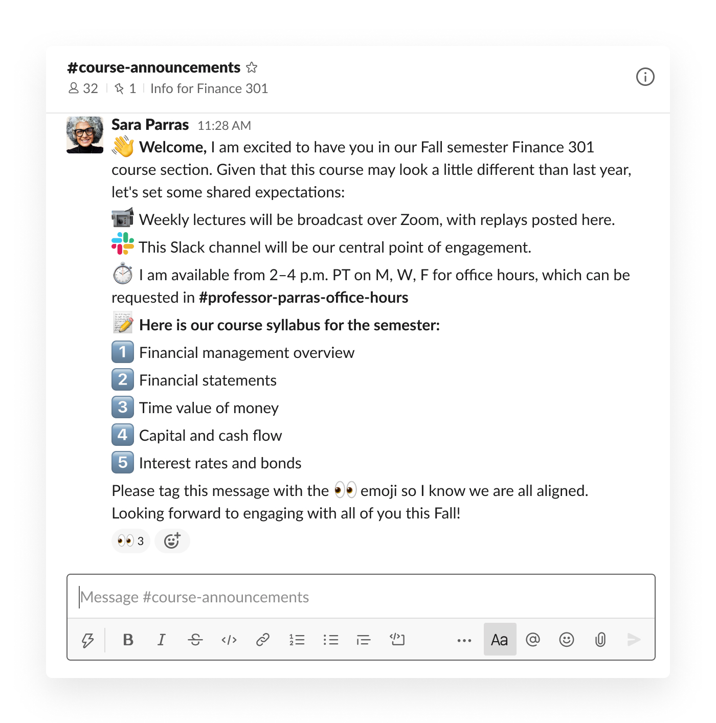 Teacher announcements in Slack channel