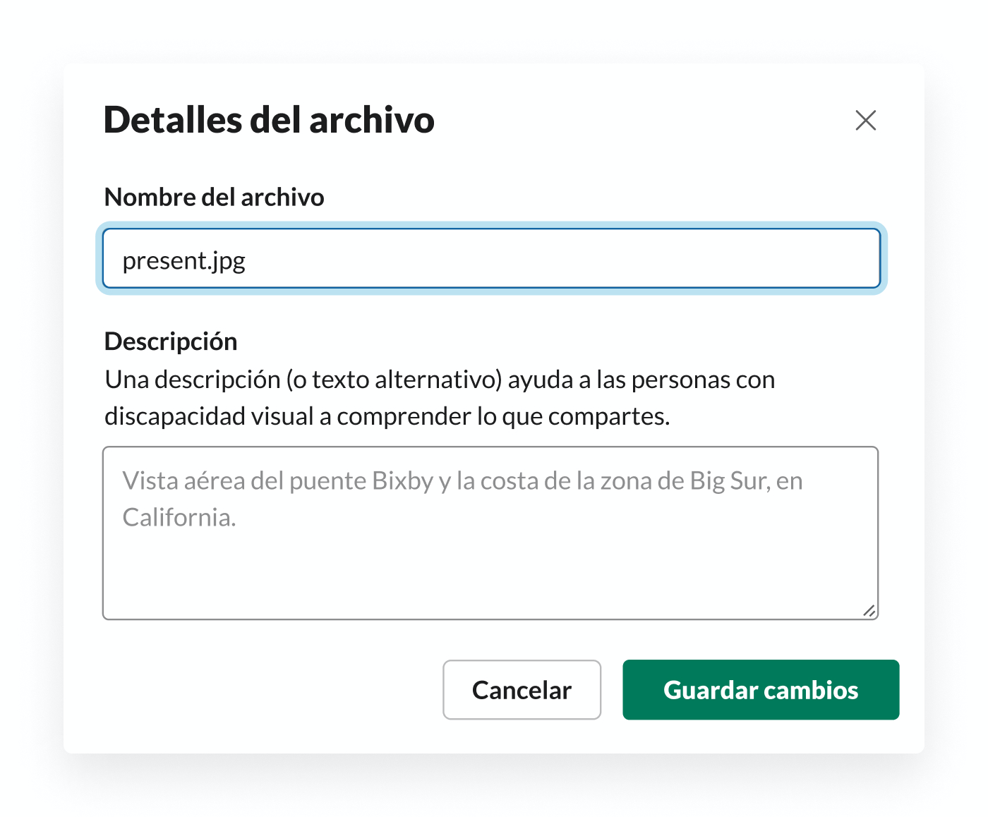 Editar los detalles del nombre del archivo de una imagen subida a Slack