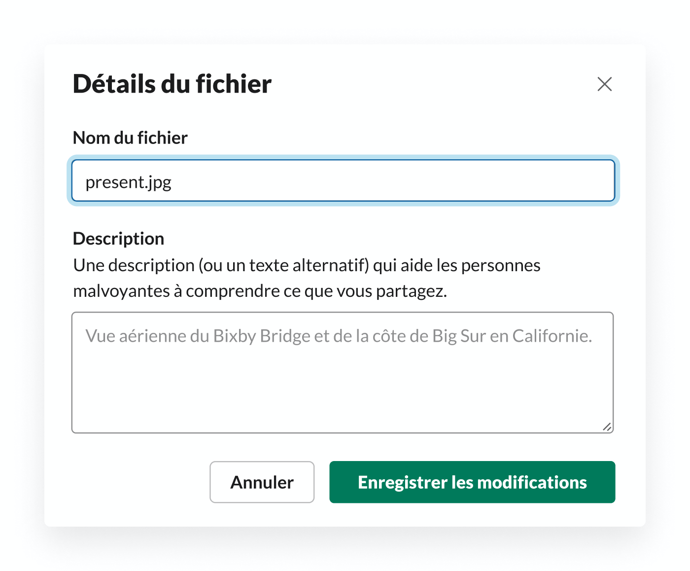 Modification du nom d’un fichier image importé dans Slack.