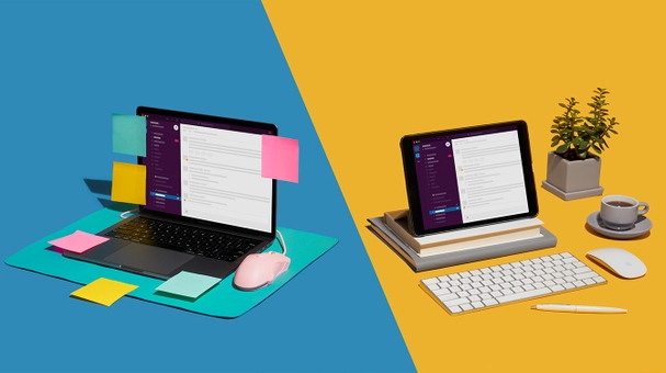 Laptop with sticky notes and ipad showing the slack app